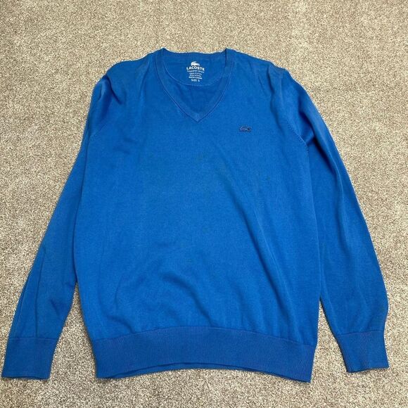 Lacoste mens v-neck pullover sweater sz 5 blue long sleeve (flaws) - Picture 2 of 12